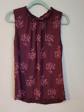 LOFT Burgundy Floral Ruffle-Neck Sleeveless Top